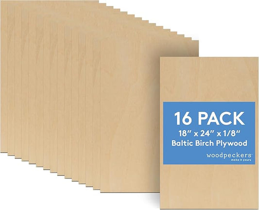 3 mm Baltic Birch Plywood 1/8 x 18 x 24 Inch, Box of 16 B/BB Grade Craft Wood, Stronger Than Basswood Sheets, for Laser, CNC Cutting and Wood Burning, by Woodpeckers