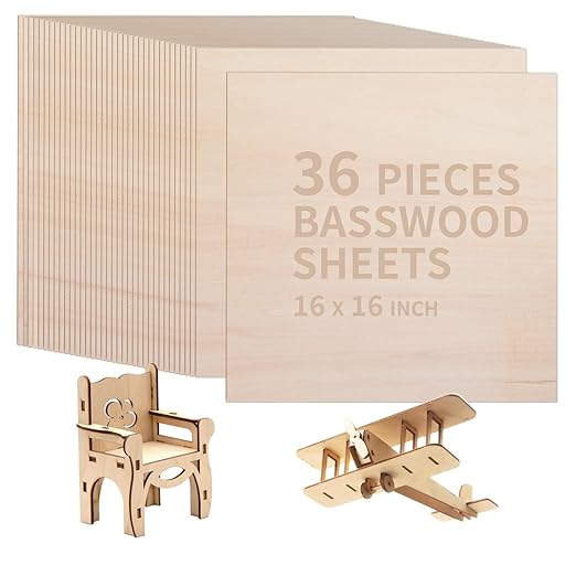 36 Pieces Basswood Plywood Sheets for DIY 16 x 16 x 1/8 Inch Unfinished Craft Wood for Laser Cutting, Engraving, Drawing, Painting, and Wood Burning 3mm Basswood Hobby Wood Sheets
